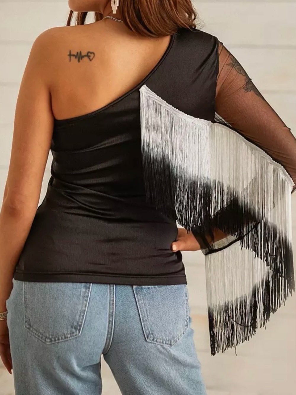 NWT Sterling & Stitch One-Shoulder Fringe Mesh Sleeve Top